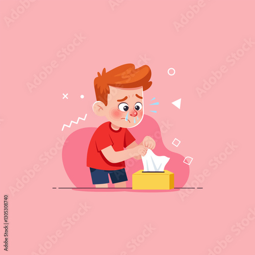 Cartoon Boy Suffering From Cold Taking Tissue From Box