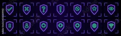 Web shield security symbol illustration set, cyber neon visual, glowing border grid vector.