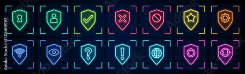 Web security symbol illustration set, cyber neon visual, glowing border grid vector.
