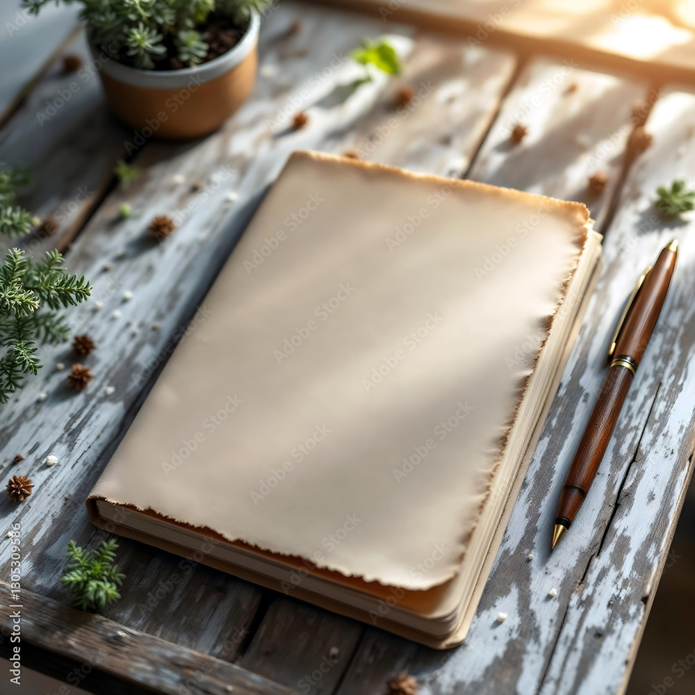 Obraz premium Creative Inspiration – Blank Notebook on Rustic Wooden Table
