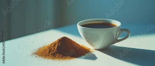 A steaming coffee cup beside a heap of cocoa powder on a bright surface, blending warmth and flavor with simplistic appeal.