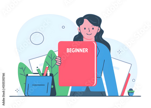 beginner newbie or new hire employee start new career or job newcomer or new graduate concept cheerful cute young businesswoman female pose with big beginner mark. photo