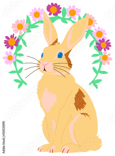 Easter Bunny Illustration with Flowers and Eggs  sticker