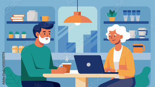 Two boomers sit at a coffee shop excitedly discussing the ways their decades of business knowledge can be applied to their new startup venture.. Vector illustration