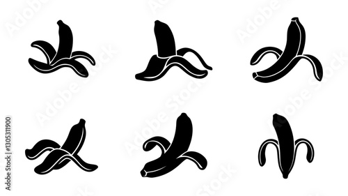 Simple Black and White Banana Peel Icons on White Background