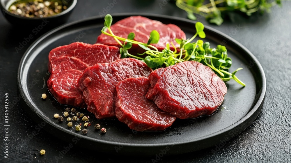 A plate of meat with some herbs on top A plate of meat with some herbs on top