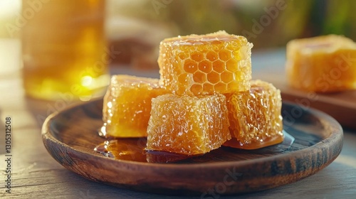 A plate of honeycomb is sitting on a wooden table
