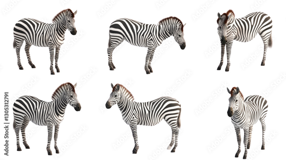 Obraz premium Zebras in various poses showcasing their distinct stripes and unique behavior in a natural setting, cut out 