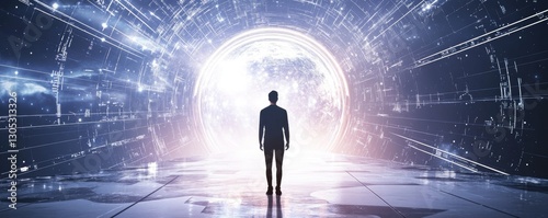 Future vision with a person standing in light.