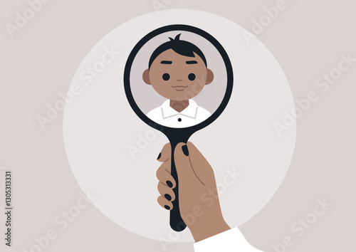 A hand holds a round mirror reflecting the face of a small child, The setting feels calm and introspective, inviting contemplation about one's inner child and personal growth