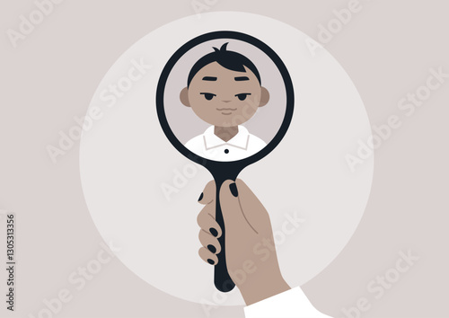 A hand holds a round mirror reflecting the face of a small child, The setting feels calm and introspective, inviting contemplation about one's inner child and personal growth