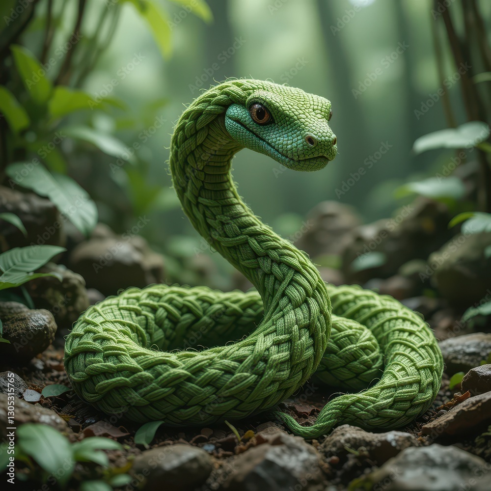 Fototapeta premium Braided Green Snake in Lush Jungle Setting Fantasy Reptile Art