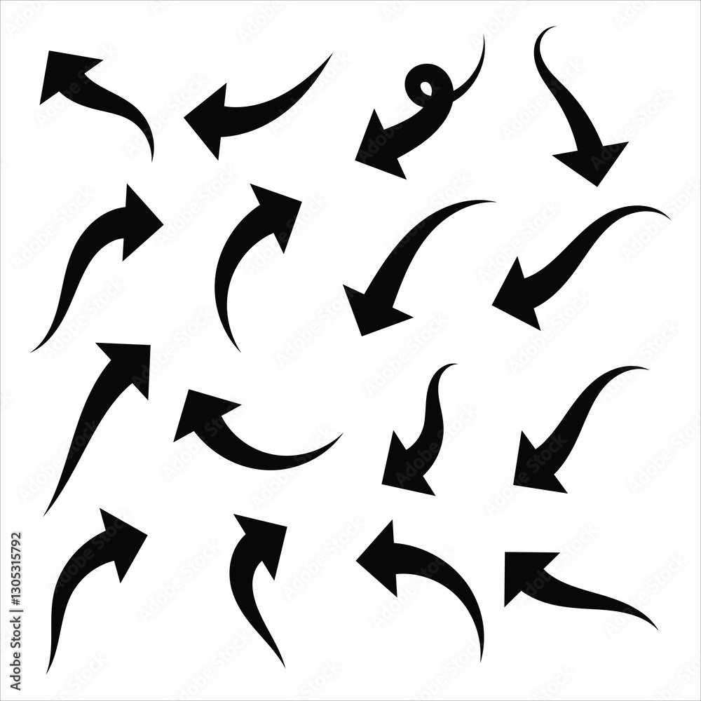Curved arrow icon vector. Arrow pointer icon sign symbol in trendy flat style. Doodle arrow, black left cursor element. Curved arrow direction symbol. Curved arrow icon vector. Arrow pointer icon sign symbol in trendy flat style. Doodle arrow, black left cursor element. Curved arrow direction symbol.