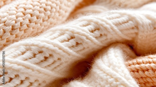   A close-up of a knitted blanket with a white and brown stripe at the end, and a brown and white stripe at the end of the end