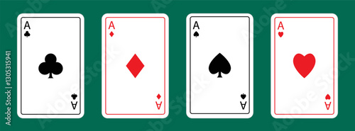 Playing card set. Four aces icon. Poker cards suits. Diamonds, hearts, clubs, spades ace. Winning poker hand. Las Vegas Casino gambling concept. Simple flat design. Green table background. Vector