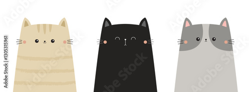 Cat face set. Cute head silhouette. Different color. Cartoon character. Kawaii pet animal. Pink nose ears. Funny kitten. Childish style. Sticker print. Flat design. White background. Isolated. Vector