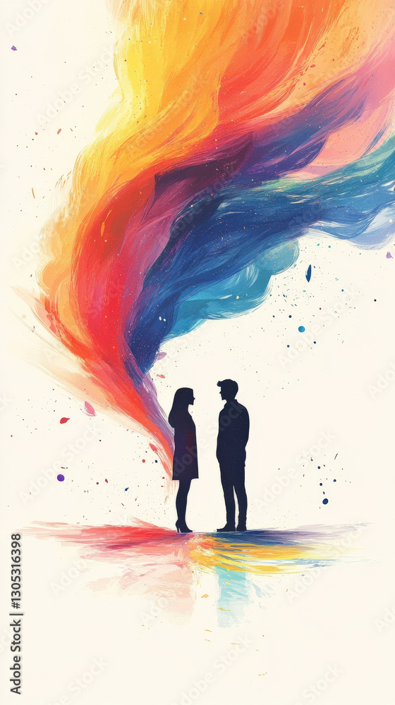 Fototapeta premium A minimalistic surreal illustration of two silhouettes joined by a rainbow bridge of drifting Holi colors in a calm, empty backdrop