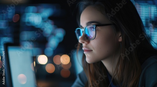 A woman wearing glasses thoughtfully looking at a computer screen