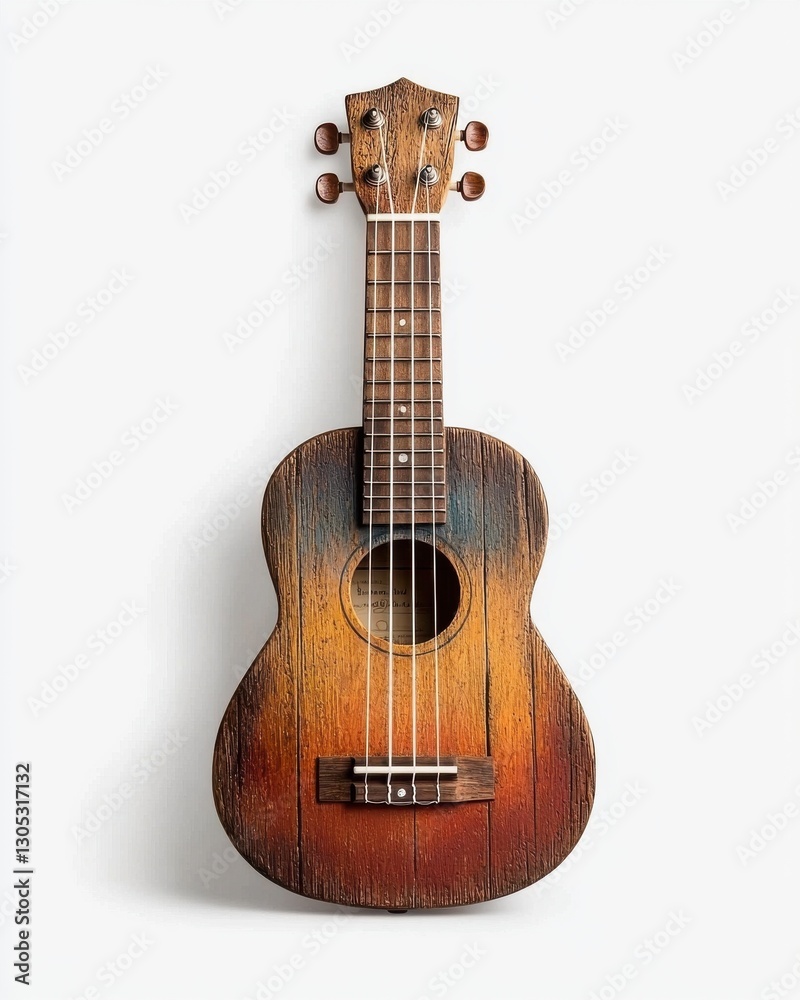 Naklejka premium Rustic Ukulele on White Background: Musical Instrument for Hawaii and Travel Music, Close Up Studio Shot