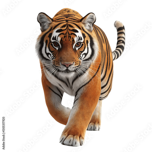 A 3D rendered tiger in a dynamic pose, showcasing its bold orange and black stripes, sharp eyes, and detailed fur texture on a white background