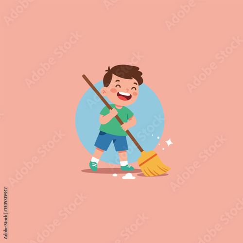 Boy Sweeping Floor Cartoon Illustration Doing Household Chore with Broom