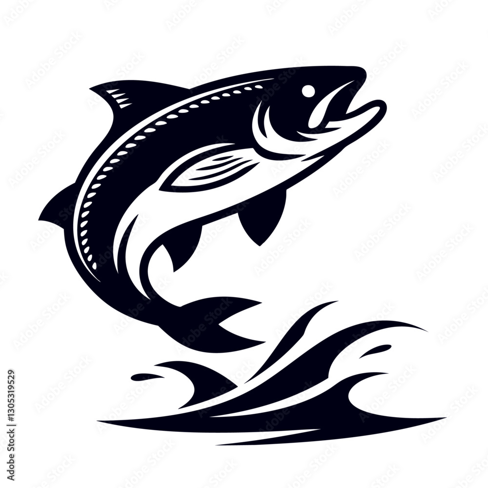 Blue stylized silhouette of a fish leaping out of water with splashes, representing fishing, nature, wildlife, or marine themes. Generative by Ai