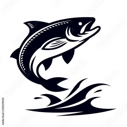 Obraz na płótnie Blue stylized silhouette of a fish leaping out of water with splashes, representing fishing, nature, wildlife, or marine themes. Generative by Ai w salonie