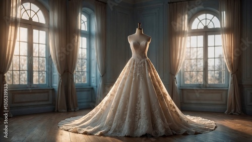 Fotografija An elegant bridal gown displayed on a mannequin in a sunlit room with high ceili