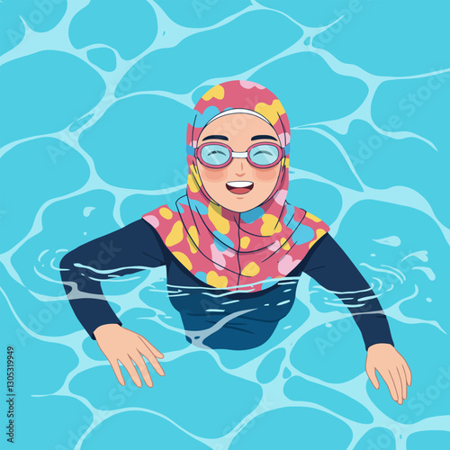 Person Wearing Hijab Swimming and Smiling in Clear Blue Water