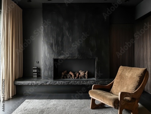 A modern fireplace with a cozy chair in a dark room