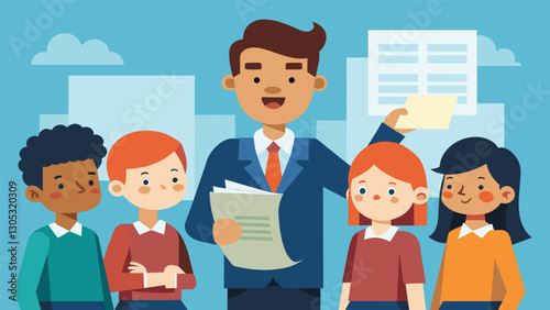 The school principal addressing the newspaper team during a visit expressing appreciation for their hard work and dedication.. Vector illustration