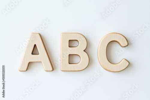 Wooden letters A, B, and C arranged on a white surface for educational purposes or decor in a learning environment