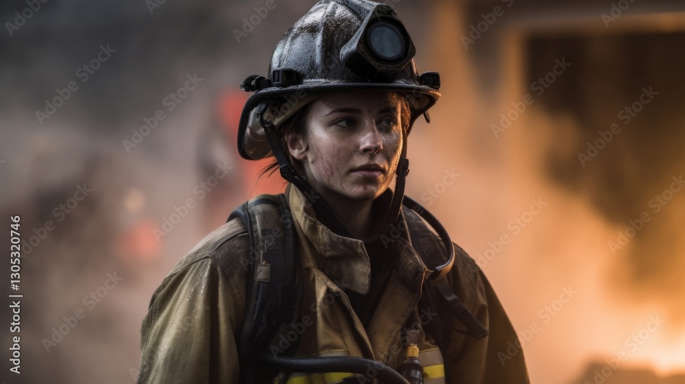 A determined female firefighter in full gear, standing in front of a blazing building, smoke rising behind her, gripping a fire hose, sweat and soot on her face A determined female firefighter in full gear, standing in front of a blazing building, smoke rising behind her, gripping a fire hose, sweat and soot on her face