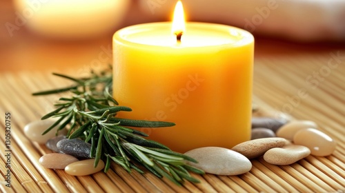 Serene Spa Moment: Lit Candle, Aromatic Rosemary, and Smooth Stones on Bamboo Mat photo