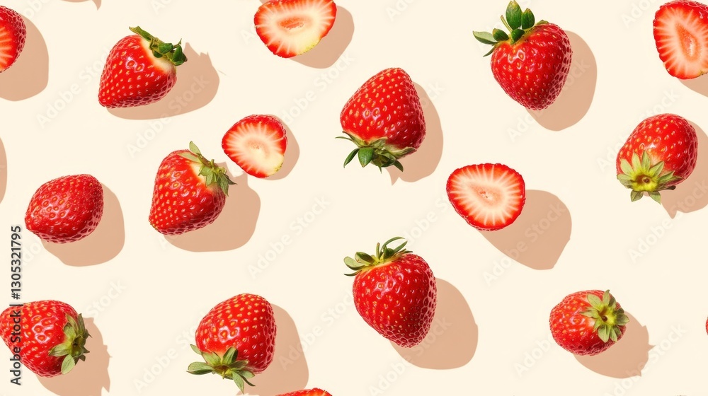 A pattern of ripe strawberries on a light peach background, some scattered and others in rows, with a few halved to show the red seeds inside. Flat design with soft lighting and detailed textures. A pattern of ripe strawberries on a light peach background, some scattered and others in rows, with a few halved to show the red seeds inside. Flat design with soft lighting and detailed textures.