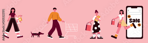 Young people checking their shopping bags, online shopping on pink background.