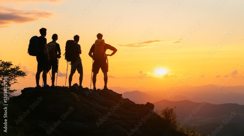 Fototapeta premium Hikers silhouetted against a sunset backdrop.