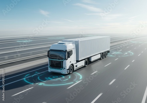 A self-driving electric truck transporting goods on a futuristic highway.

