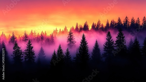  A lush forest dotted with tall trees, bathed in the warm hues of a vibrant sunset beneath a picturesque combination of orange and purple skies