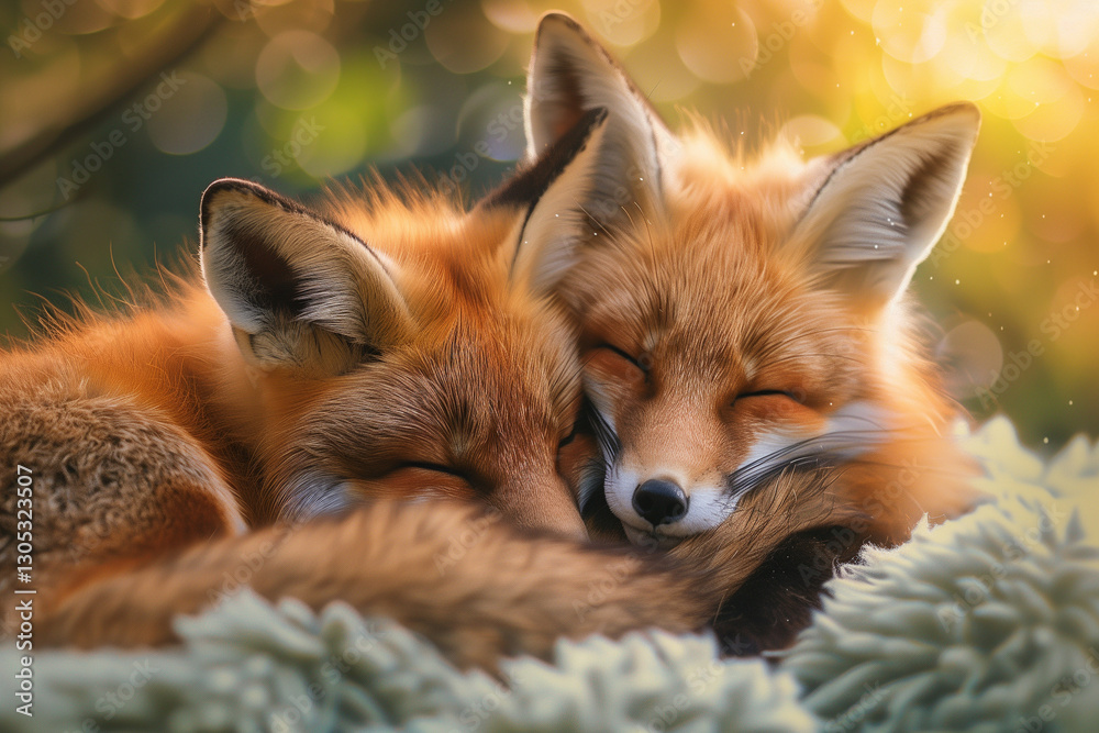 Obraz premium Two Foxes Cuddling in Warm Sunlight