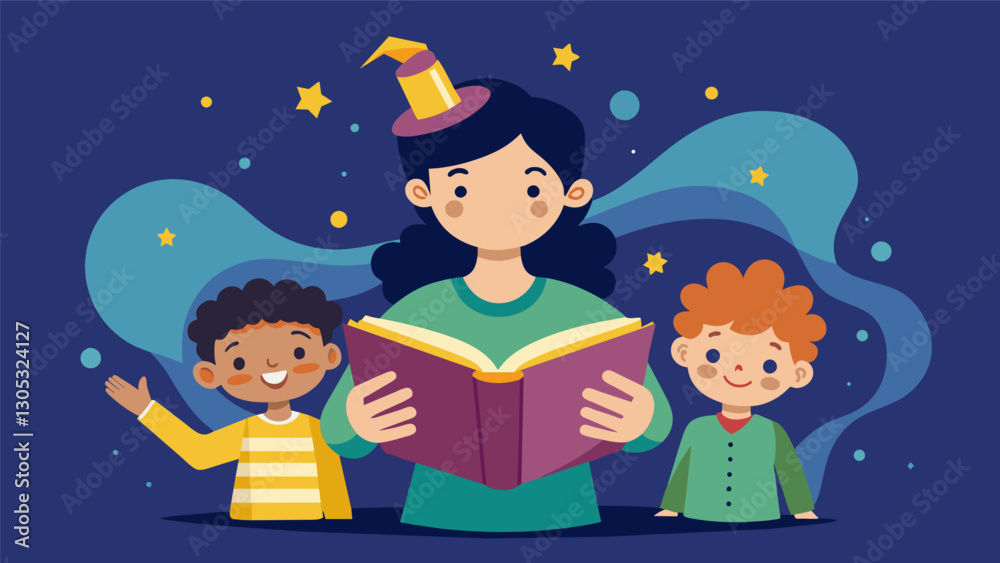 Naklejka premium With every turn of the page the childrens curiosity and imagination are sparked encouraged by the librarians passionate storytelling.. Vector illustration