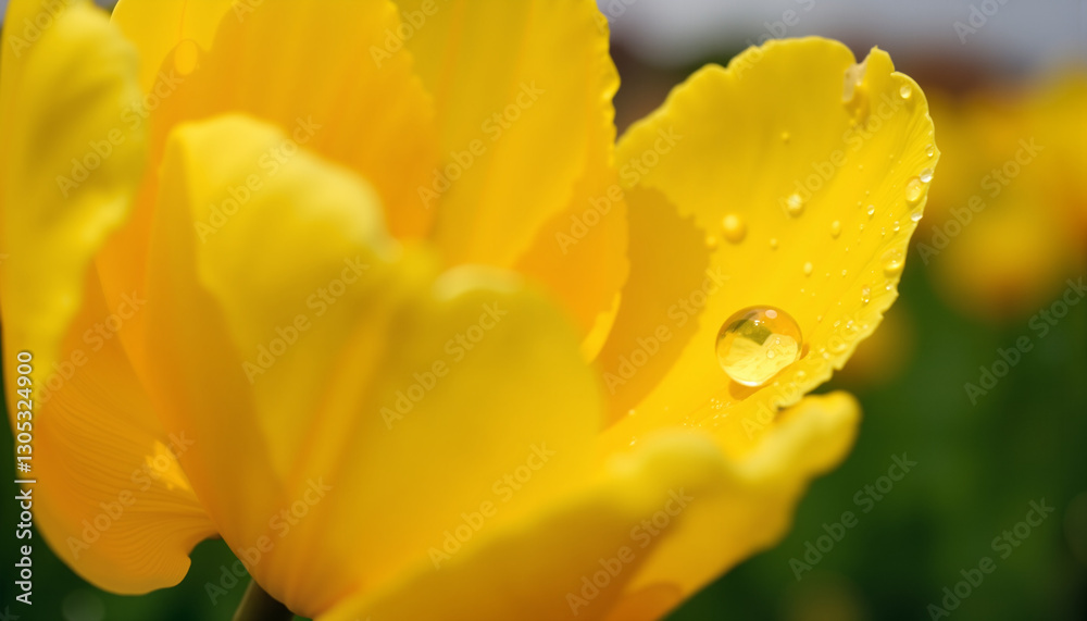Fototapeta premium Close-up of a yellow tulip petal with a water droplet, showcasing intricate details
