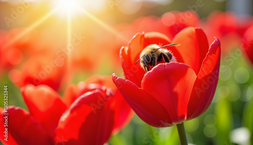 Close-up of a bee on a red tulip with sunlight shining in the background