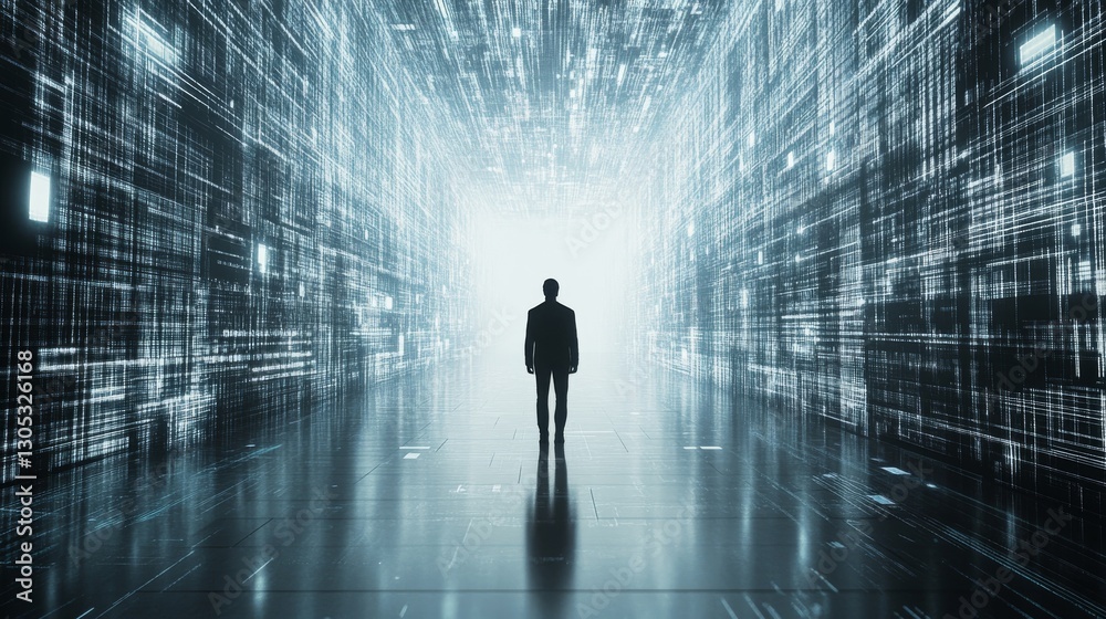 Man standing in a futuristic digital landscape. Man standing in a futuristic digital landscape.