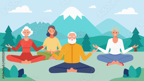 Wise seniors finding inner strength and balance through calming yoga sequences at a retreat center deep in the mountains.. Vector illustration