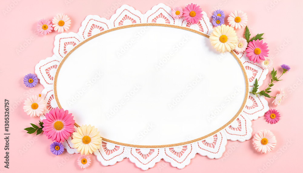 Delicate floral Easter greeting card with intricate lace frame, pastel daisies, and a blank space for a heartfelt message Delicate floral Easter greeting card with intricate lace frame, pastel daisies, and a blank space for a heartfelt message