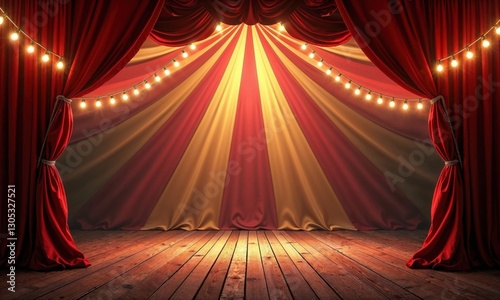 colorful circus stage set with striped red and yellow curtains and string lights, ready for a performance, creating a lively and festive atmosphere