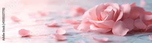 Delicate rose petals gently fall across a smooth marble surface, creating a serene and luxurious atmosphere ideal for Women's Day celebrations