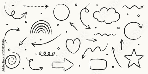 Set of hand drawn grunge arrow, line, square, circle and various shapes. Abstract pencil, crayon and chalk brush style. Doodles. Vector illustration
