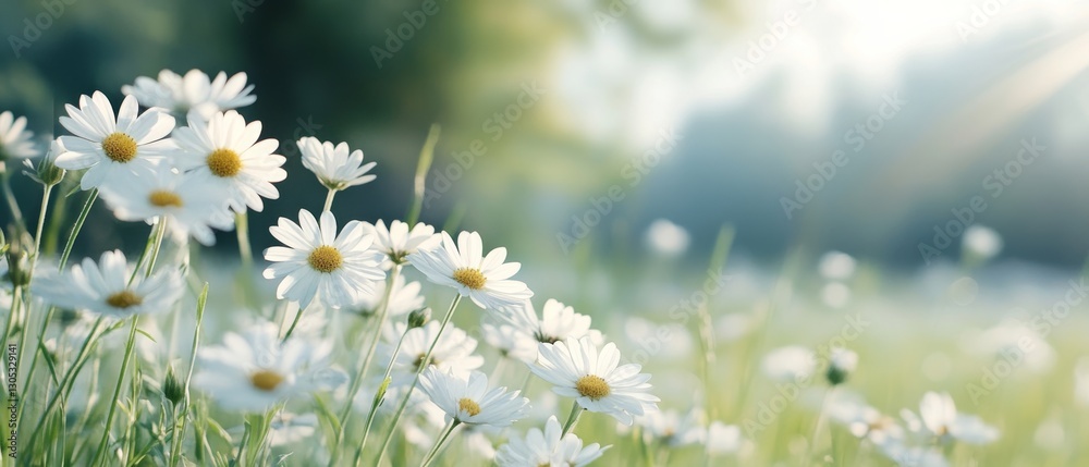 Sunlit daisies face the camera from a sunlit meadow, their white petals glowing with ethereal warmth against a soft, blurred background.